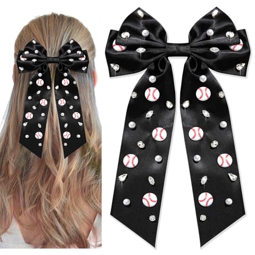 NVENF Rhinestone Baseball Hair Bow Clip - Large Satin Game Day Accessory