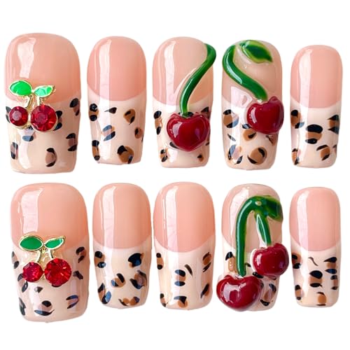 BByogooz Cherry Bouquet Handmade Press-On Nails with 3D Cherry Embellishments - S