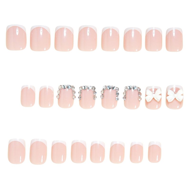 Square Press-On Nails - 24Pcs Short French Tip with 3D White Bow & Rhinestones | Glossy Pink Reusable Acrylic for Weddings & Daily Use