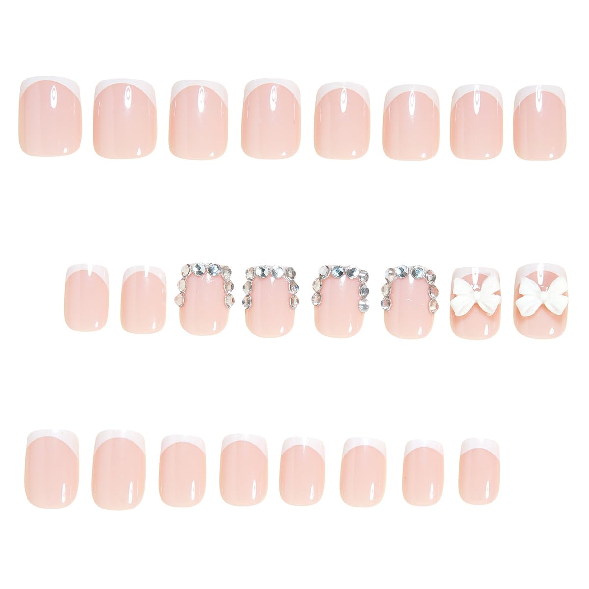 Square Press-On Nails - 24Pcs Short French Tip with 3D White Bow & Rhinestones | Glossy Pink Reusable Acrylic for Weddings & Daily DIY