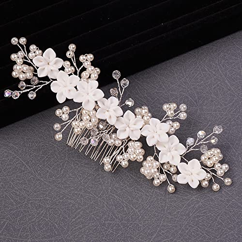 Dainty Silver Flower Pearl Rhinestone Bridal Hair Comb for Wedding
