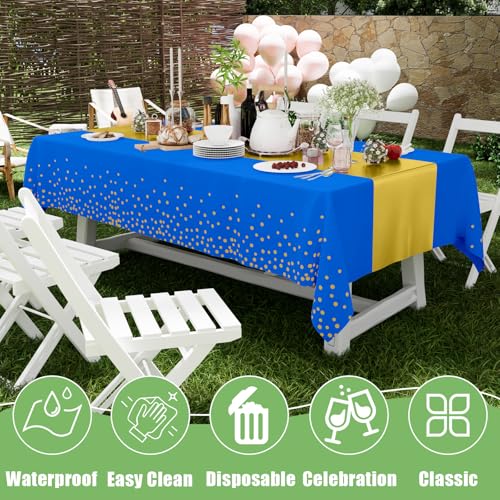 Smiry Disposable Plastic Table Cloths - 3 Pack, 54x108 Inch Waterproof Blue & Gold