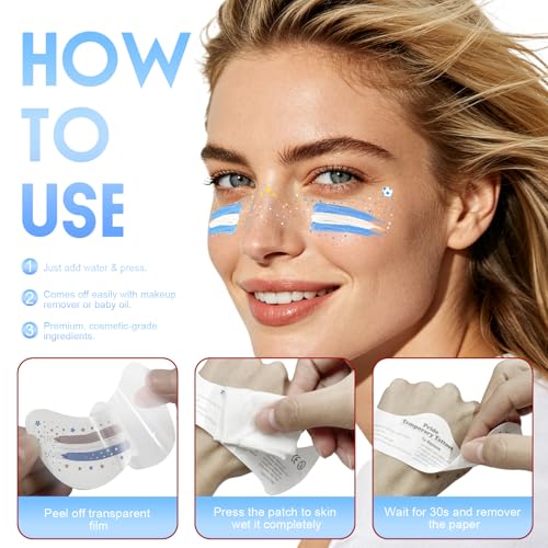 Blue & White Soccer Fan Freckles Face Tattoo - 3 Gold Stars Temporary Tattoos | Waterproof Sports Sparkle Stickers for Football Matches & Game Day Celebrations (8 Sheets)