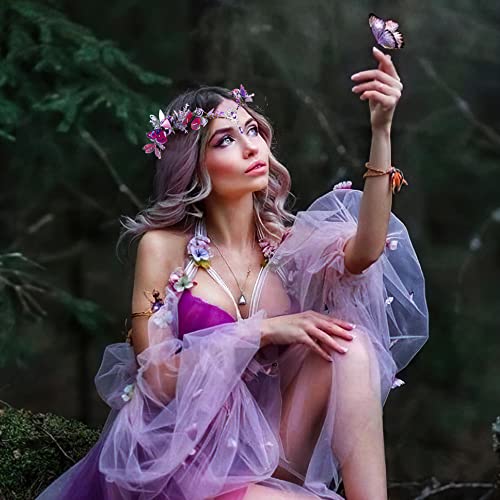 MOSTORY Purple Handmade Butterfly Flower Crown Tiara for Cosplay