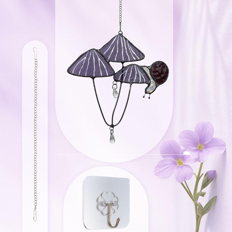 Handmade Stained Glass Snail on Purple Mushrooms Suncatcher