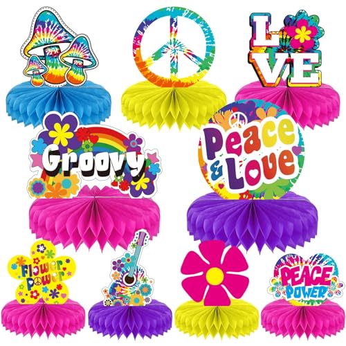 60's Hippie Party Honeycomb Centerpieces - 9 Pieces Tie Dye Table Decor