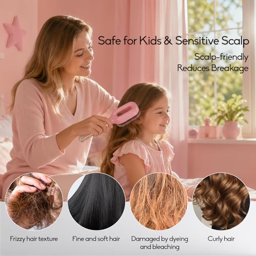 Spray Hair Brush with Fine Continuous Mist for Frizz & Static Control, 2-in-1 Detangling Hair Brush for Dry, Flyaway & Tangled Hair, Wet or Dry Styling Brush for Women, Pink