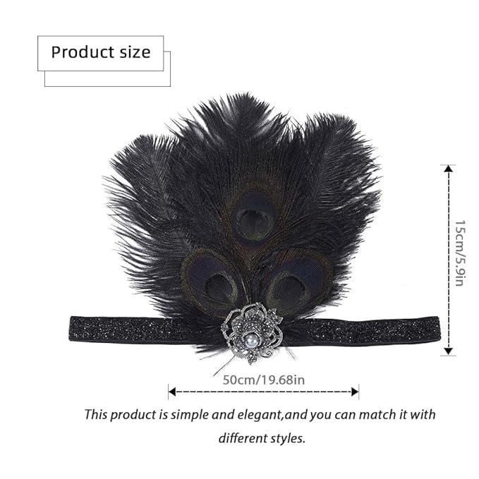 1920s Flapper Headband with Black Feather & Peacock Accent