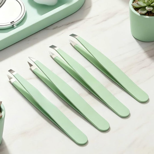 4PCS Precision Tweezers Set for Women & Men, Stainless Steel Colorful Eyebrow Tweezers for Facial Hair Removal, Slanted & Pointed Tips for Ingrown Hair & Splinter Remover (Matcha Green)