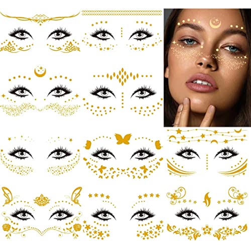 Uranian 2-Fantastic Gold & Metallic Face Tattoo Stickers for Women Carnival Halloween