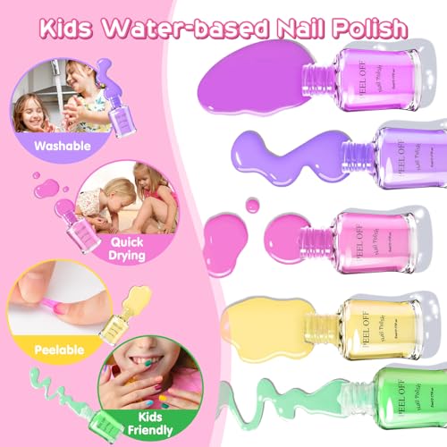 BATTOP Water-Based Kids Nail Polish Set with Dryer & Nail Tips Kit, 6 Colors & Stickers