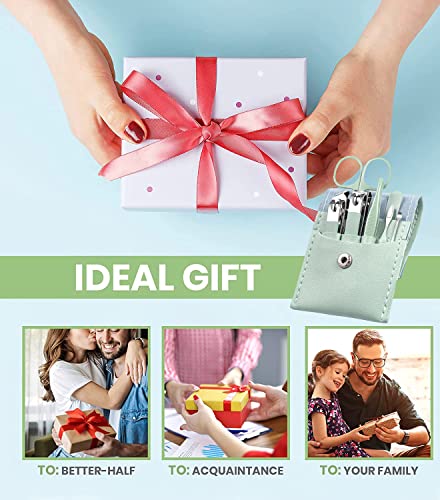 7-Piece Professional Manicure Set with Green Leather Bag