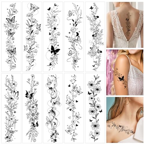 Konsait Style A Temporary Tattoos for Women & Girls - Elegant Flower & Butterfly Designs, 10 Sheets