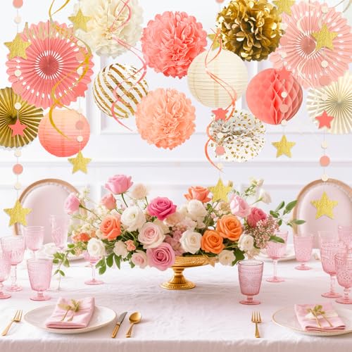 AOBKIAT Pink Gold Birthday Decorations Kit - 19PCS Party Set