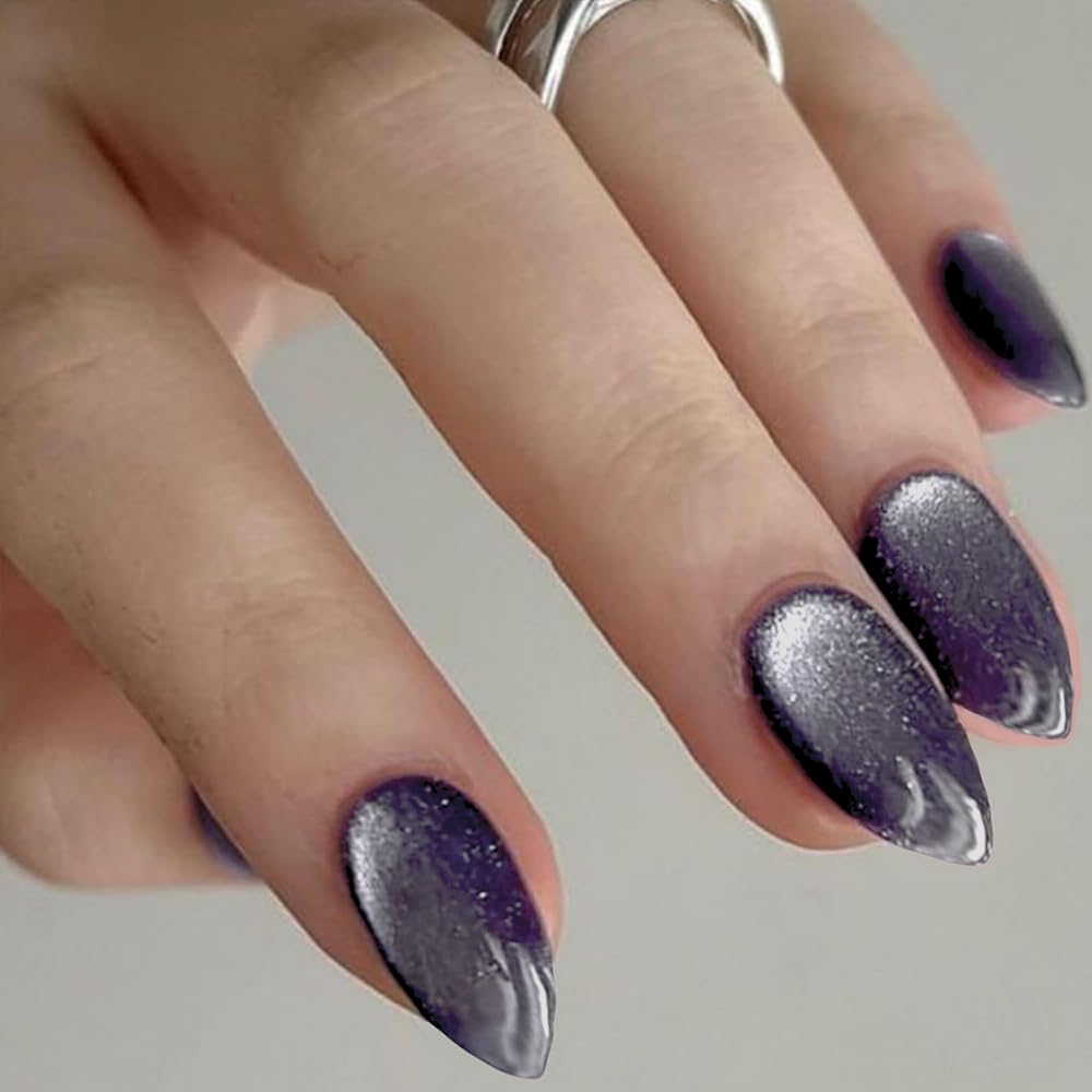 Dark Purple Magnet Cat Eyes Press-On Nails - Short Almond Shape | Handmade Jelly Gel Kit with Ombre Glitter