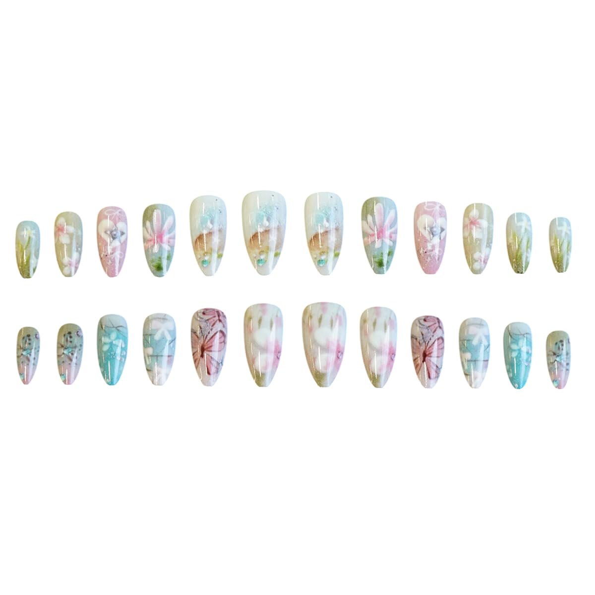 24Pcs Summer Flower Press on Nails Medium Almond Fake Nails Cute Floral Butterfly Stick on Nails Reusable Acrylic False Nails with Designs Spring Glue on Nails for Women Girls Nail Art Decoration