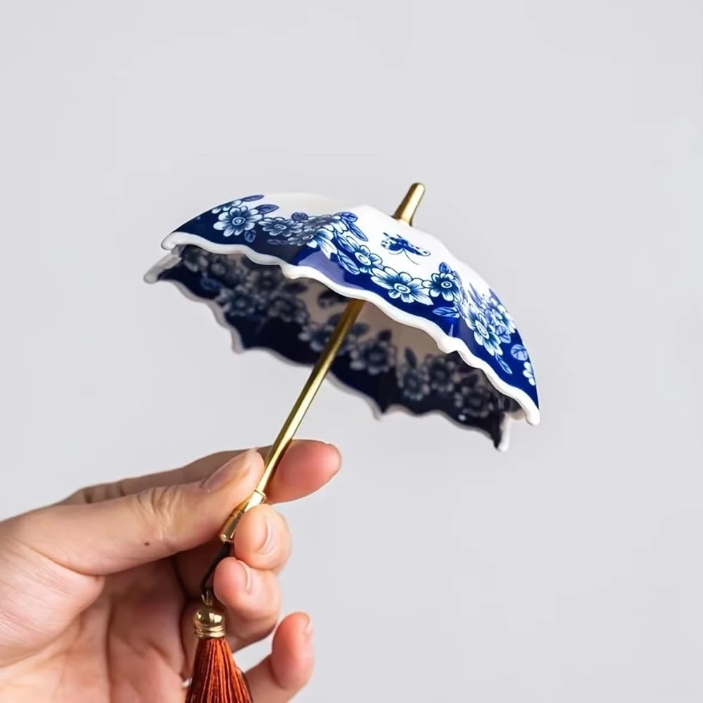Ceramic Umbrella Tea Strainer with Tassel Chinese Traditional Style Tea Infuser, Ceremony Accessories with Tassel(Blue Flower)