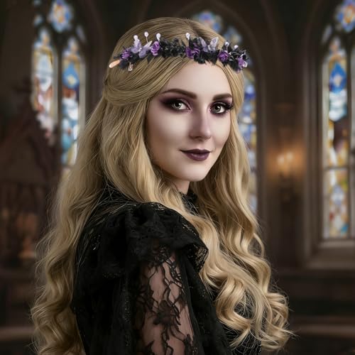 Black Fairy Flower Crown with Butterfly and Gothic Elf Design - KorViSHOW, Black Purple Variation