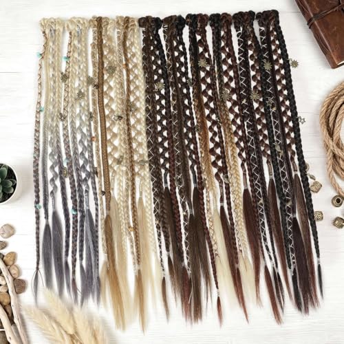 BOGSEA 2PCS Clip-In Braided Hair Extensions Brown to Blonde 16 Inch Boho Dreadlock