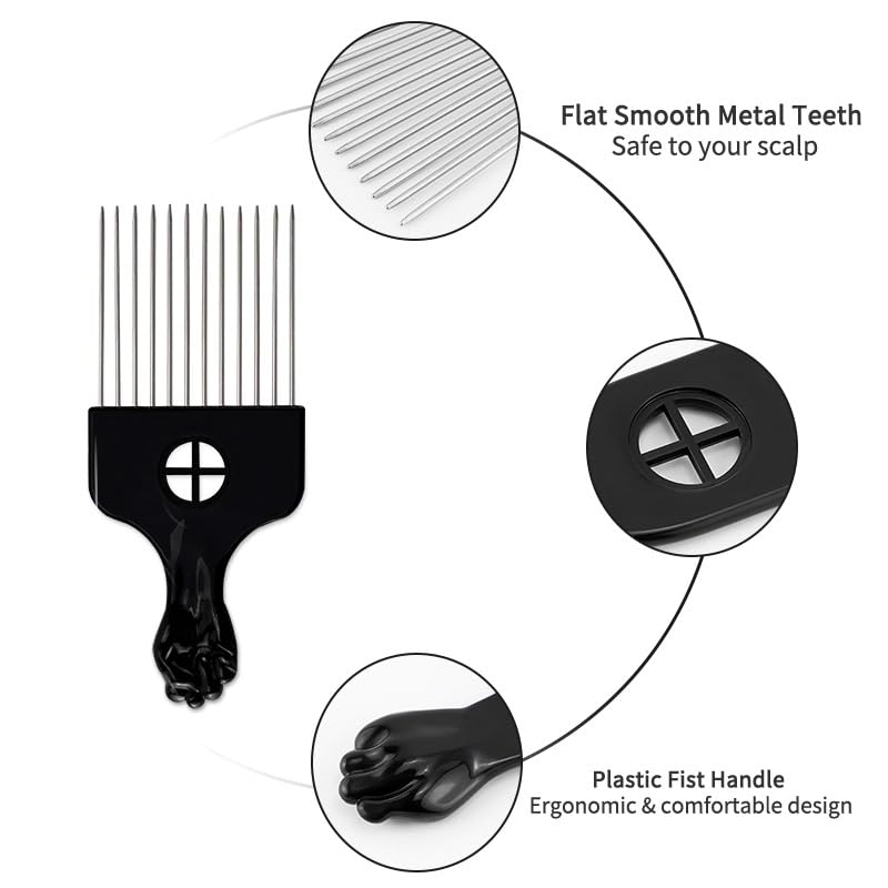 3 Pack Afro Pick Combs for Curly Hair - Black Metal & Plastic Detangling Styling Tools
