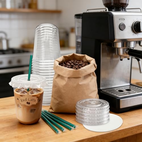 16 oz Clear Plastic Cups with Lids & Straws - 25 Sets for Cold Drinks
