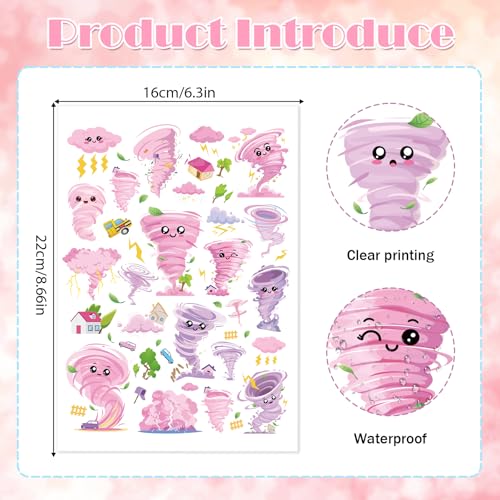 Pink Tornado Temporary Tattoos for Kids - 6 Sheets, Waterproof & Safe Party Favors