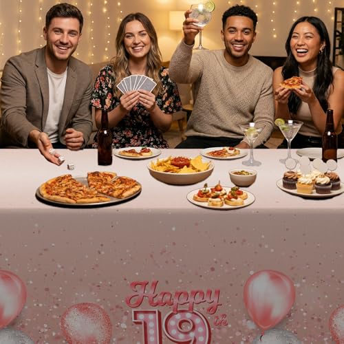 Pink Glitter Happy 19th Birthday Tablecloth - 53 x 108 in