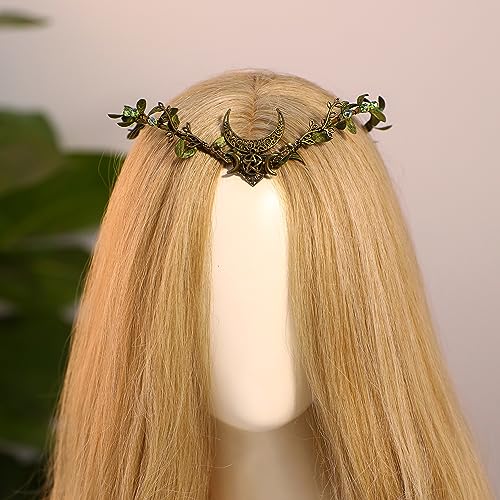 MOSTORY Green Rhinestone Elf Moon Crown - Woodland Fairy Tiara for Cosplay & Medieval Costumes
