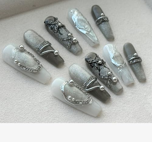 JIEADJIE Handmade Press On Nails - Mid-Length Black Butterfly Art