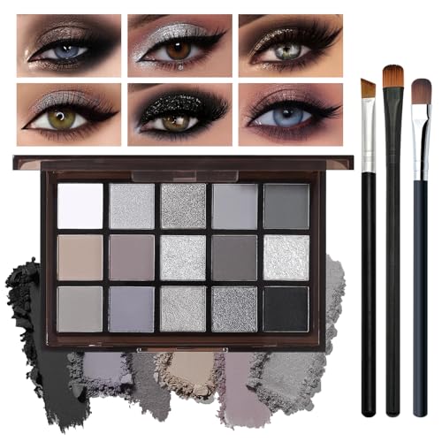 LZYLLS N Smoky Eyeshadow Palette with Matte & Glitter Shades, Waterproof, 15 Neutral Colors + 3 Brushes