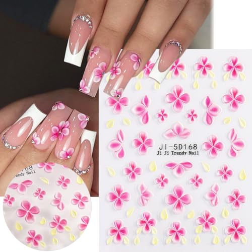 5D Embossed Flower Nail Stickers - Pink & White Floral Decals