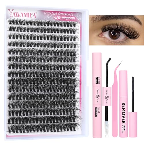 Yawamica Fluffy Mink Lash Extension Kit 300pcs DIY 10-20mm Volume Lashes with Bond & Remover