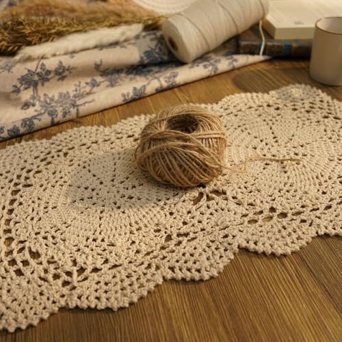Handmade Crochet Cotton Doilies - Rectangular Table Placemats (Set of 2, 10 x 17 inch, Beige)