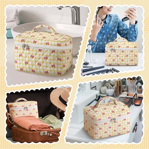 MYSMOR Large Quilted Makeup Bag, Yellow Gingham Cosmetic Case with Bows