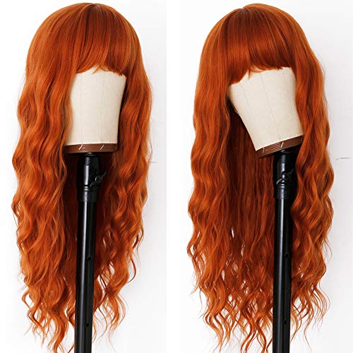 EVLYNN 26-Inch Copper Ginger Long Wavy Wig with Bangs, Heat Resistant