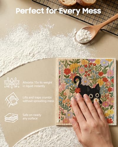5 Pack Reusable Swedish Dishcloths - Cat in Flowers Design
