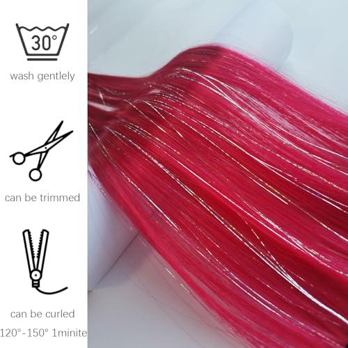 EXTACIO Red Clip-in Hair Extensions 22 Inch Rainbow Highlights with Silver Tinsels