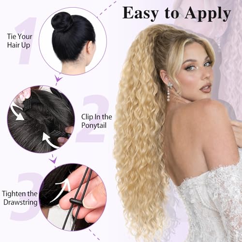 26 Inch Golden Blonde Curly Drawstring Ponytail Extension for Women