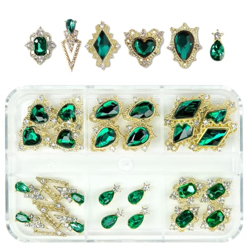 qiipii Luxury Emerald Green Nail Charms - 24pcs Heart & Rhinestone Gems Box