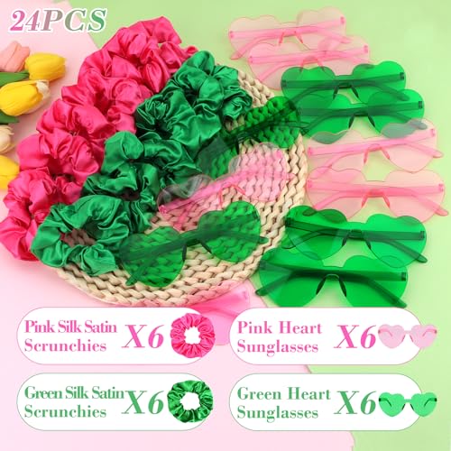 24Pcs Pink & Green Party Accessory Set: Satin Scrunchies & Heart Sunglasses