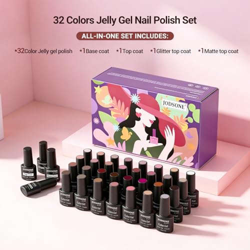 JODSONE B30 Jelly Gel Nail Polish Set - 32 Sheer Pink Colors with Base & Top Coat