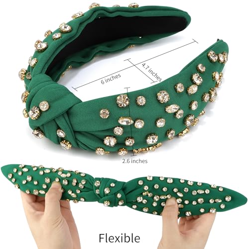 Atoden Green Rhinestone Headband - Women's Wide Top Knot with Clear Beaded Embellishments