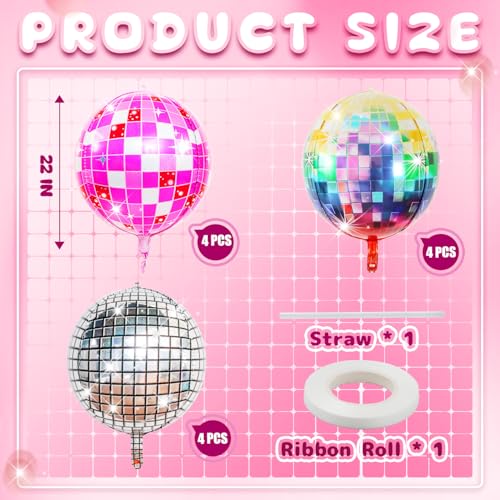 12PCS 22" Pink Silver Disco Balloons - 70s 80s 90s Party Decor