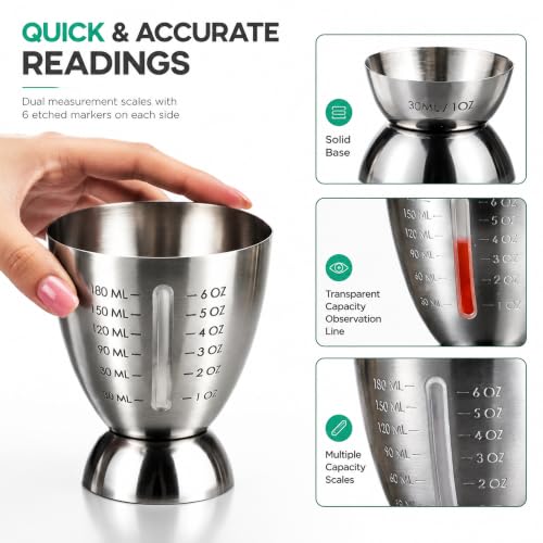 Homestia Stainless Steel Cocktail Jigger Set with Pourer Spout - 1 to 6 oz Measuring Cups
