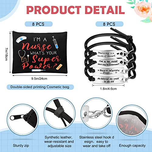 16-Piece Nurse Appreciation Gift Set: 8 Canvas Cosmetic Bags & 8 Bracelets