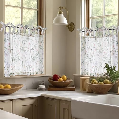 Floral Tie Top Kitchen Curtains - 36 Inch, Sage Green, 2 Panels