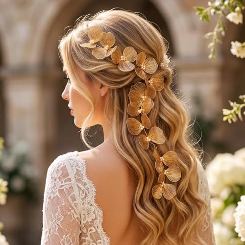 Unicra Gold Bridal Wedding Hair Vine with Pearls & Flowers - Elegant Headpiece for Brides & Women