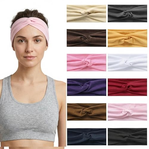 Luuao 12 Pack Women's Sport Headbands - Sweat-Absorbent, Non-Slip, Twist Knot Design, Assorted Colors for Yoga & Workout
