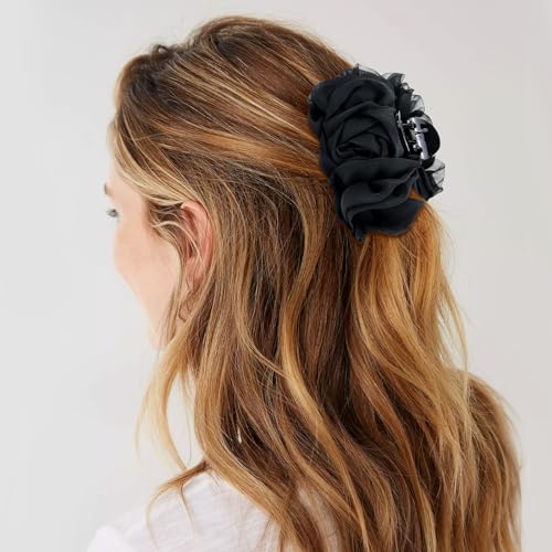 Large Chiffon Rose Flower Claw Clips - 4 Pack Pleated Hair Barrettes