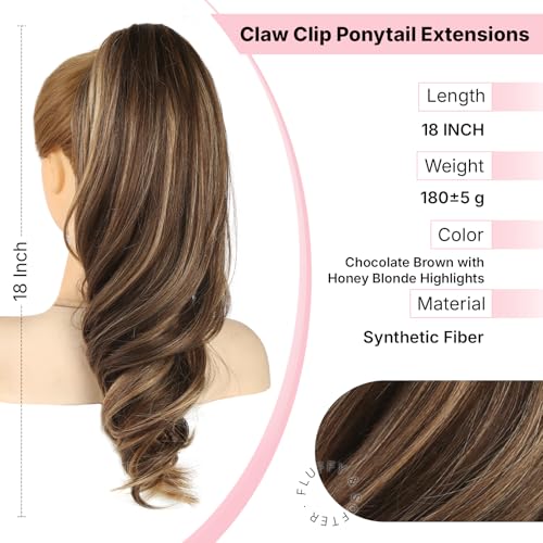 MaopaoBeauty 18-Inch Chocolate Brown with Honey Blonde Highlights Synthetic Clip-In Ponytail Extension for Women, Long Wavy Hairpiece